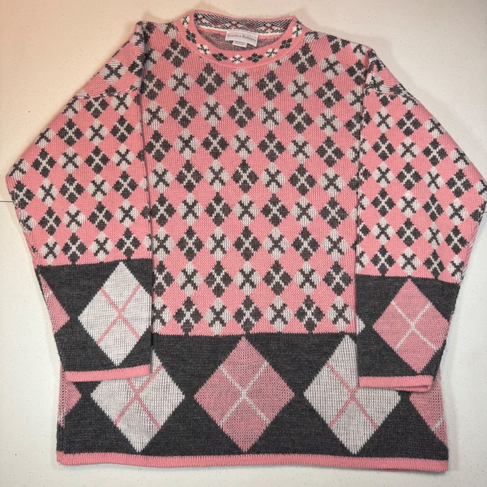 Vintage 80's Pink Preppy Academia Argyle Grandma Cottagecore‎ Knit Sweater USA